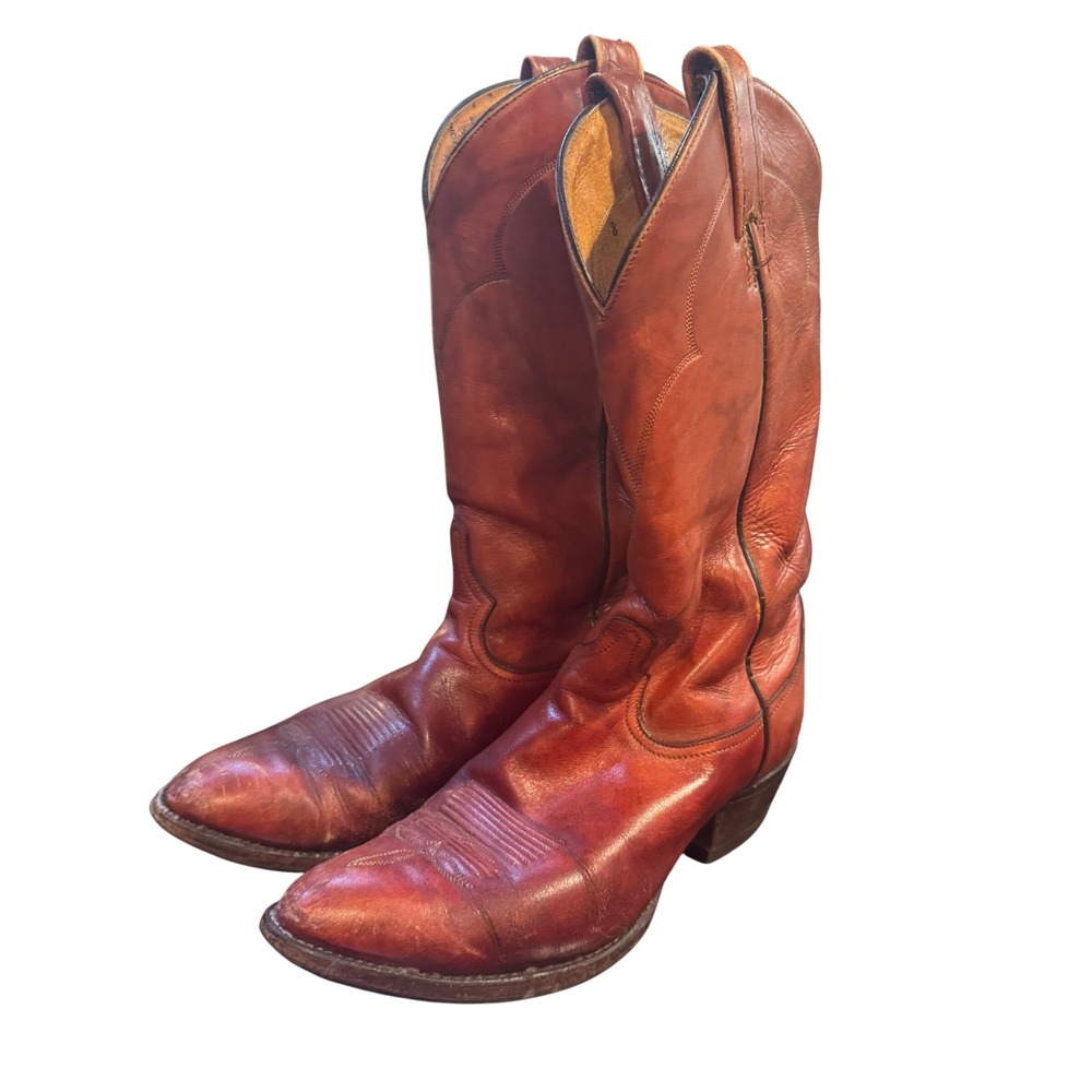 Tony Lama Leather Western Cowboy Boots Mens Brown Pull On 8.5 F USA 90s VTG - Picture 3 of 10